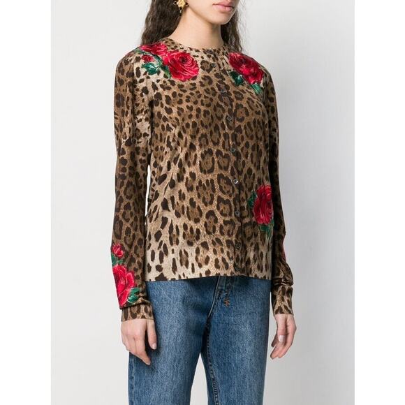 NWT DOLCE & GABBANA Animal Print Leopard Rose Cardigan Brown Red IT 40 S - Picture 2 of 9
